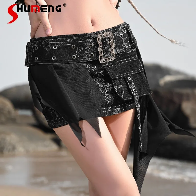 

Japanese Cool New Summer Punk Style Dark Denim Hot Girl Black Dragon Pattern High Waisted Slimming Short Skirt Women's Clothing