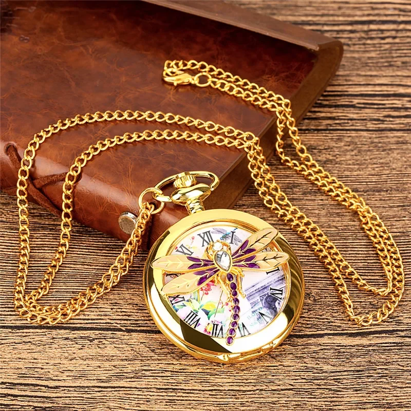 Antique Style Hollow Out Dragonfly Design Unisex Quartz Pocket Watch Roman Numeral Display Necklace Pendant Chain Gift Clock
