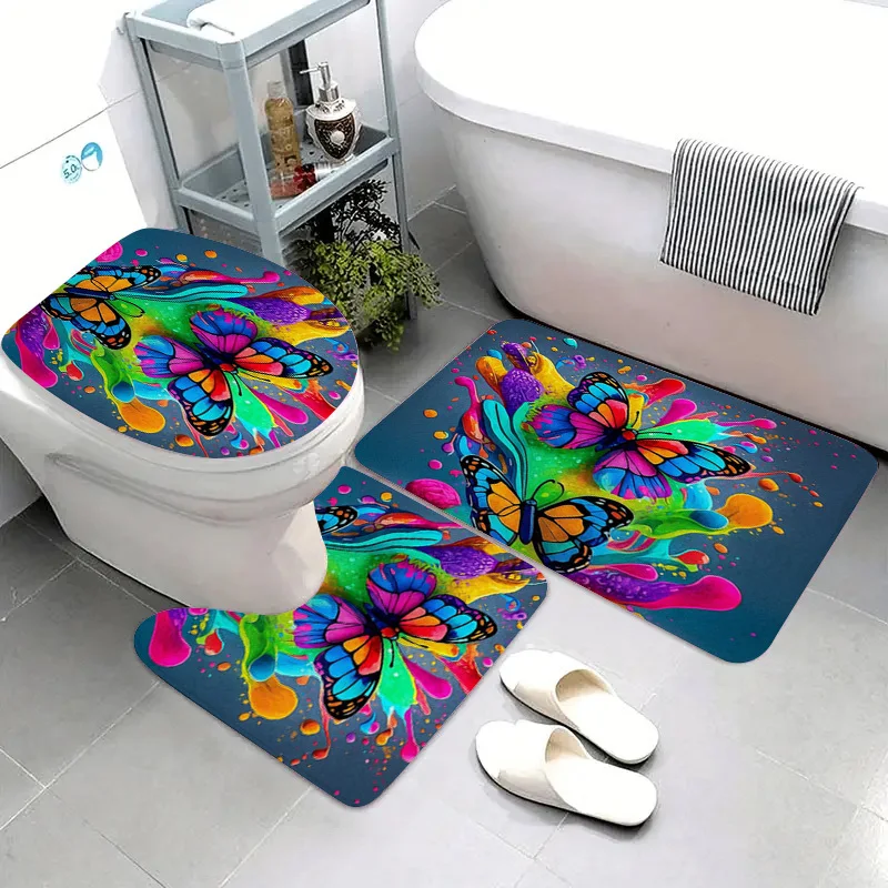 

Waterproof Anti Slip Butterfly Bath Mat Set Bathroom Rug Decoration Mat Novelty Fun Colorful Washroom Floor Mat Doormat