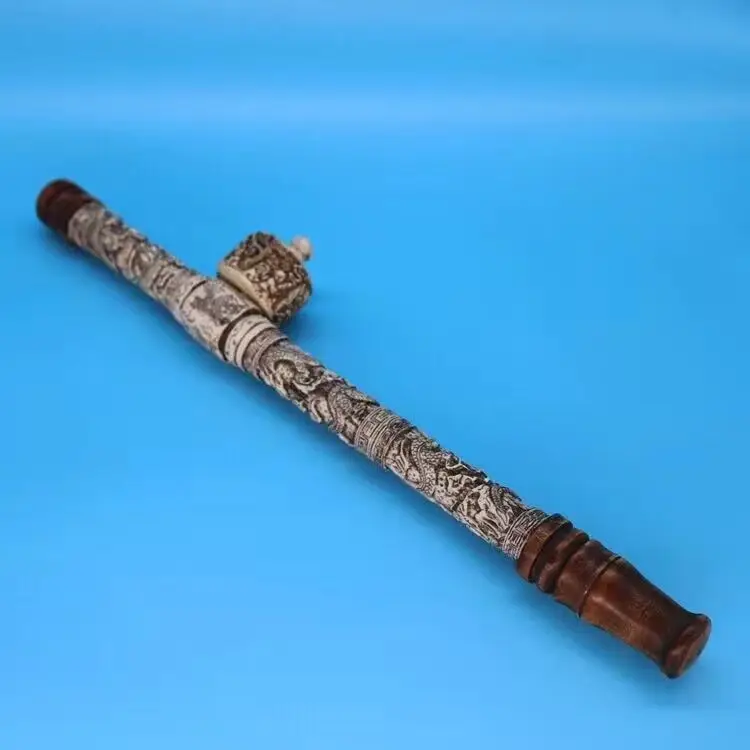 Vintage Chinese Handwork Carved Dragon Long Smoking Pipe Artisanal Collectible Decorative Home Decor