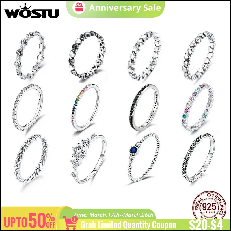 WOSTU European 925 Sterling Silver Simple Rings For Women Wedding Engagement Heart Rings With Zircon Original Female Jewelry