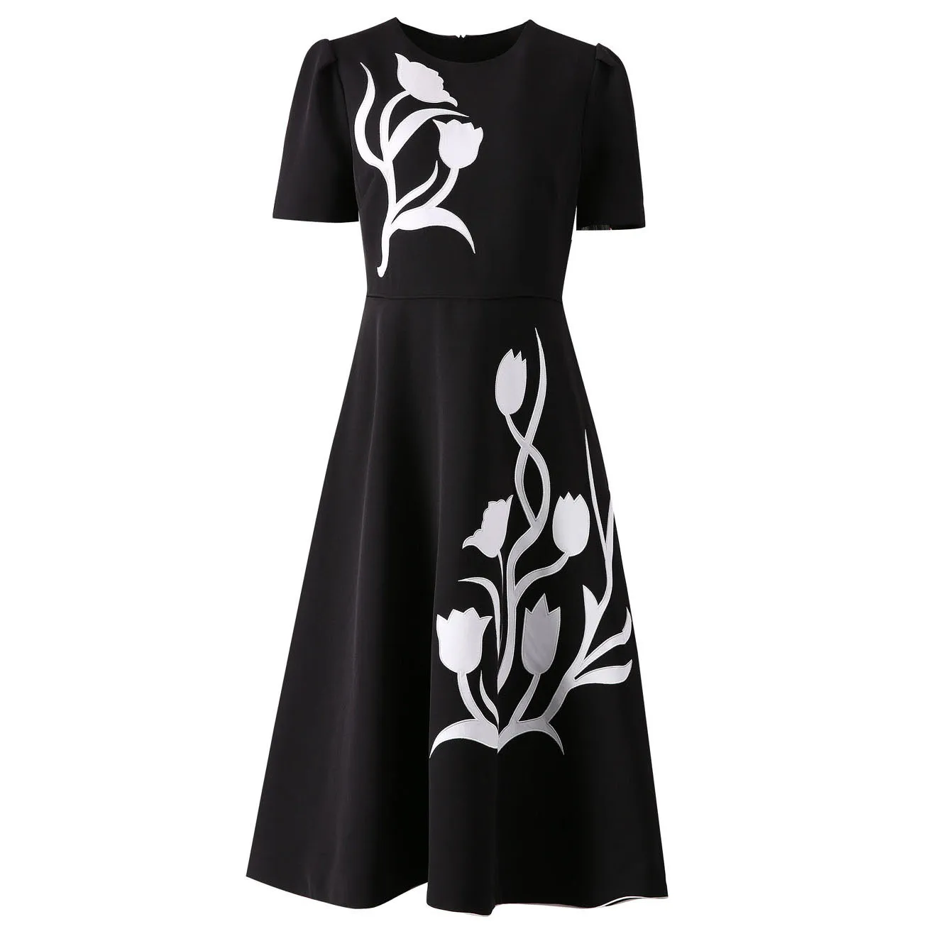 ZJYT Dames Bloemborduurwerk Midi-jurk Zomer Wit Zwart Korte mouw Elegant Vintage Casual Party Runway 2025, nieuwe mode