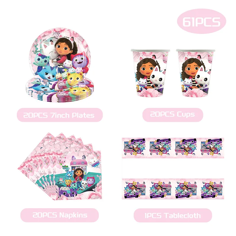 Gabby Dollhouse Birthday Party Decorations Tableware Stickers Popcorn Box Tableware Pink Balloons Party Favors Birthday Decor