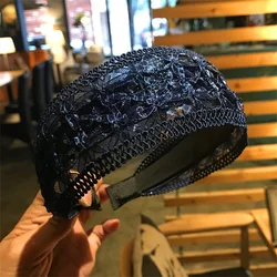 2025 Korean new style lace headband retro wide edge hollow knitted headband with toothed headband ladies bow hair accessories
