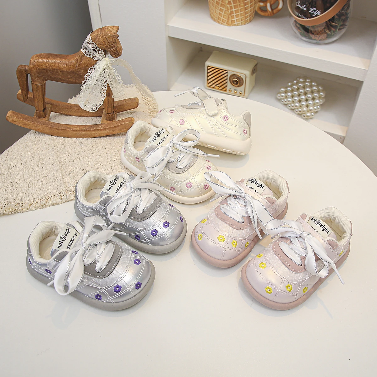 Girl'S Sport Shoes Lace Flower Sliver White Stylish Toddler Children Casual Shoe Hook-Loop Breathable Light Kids Trainers 18-26