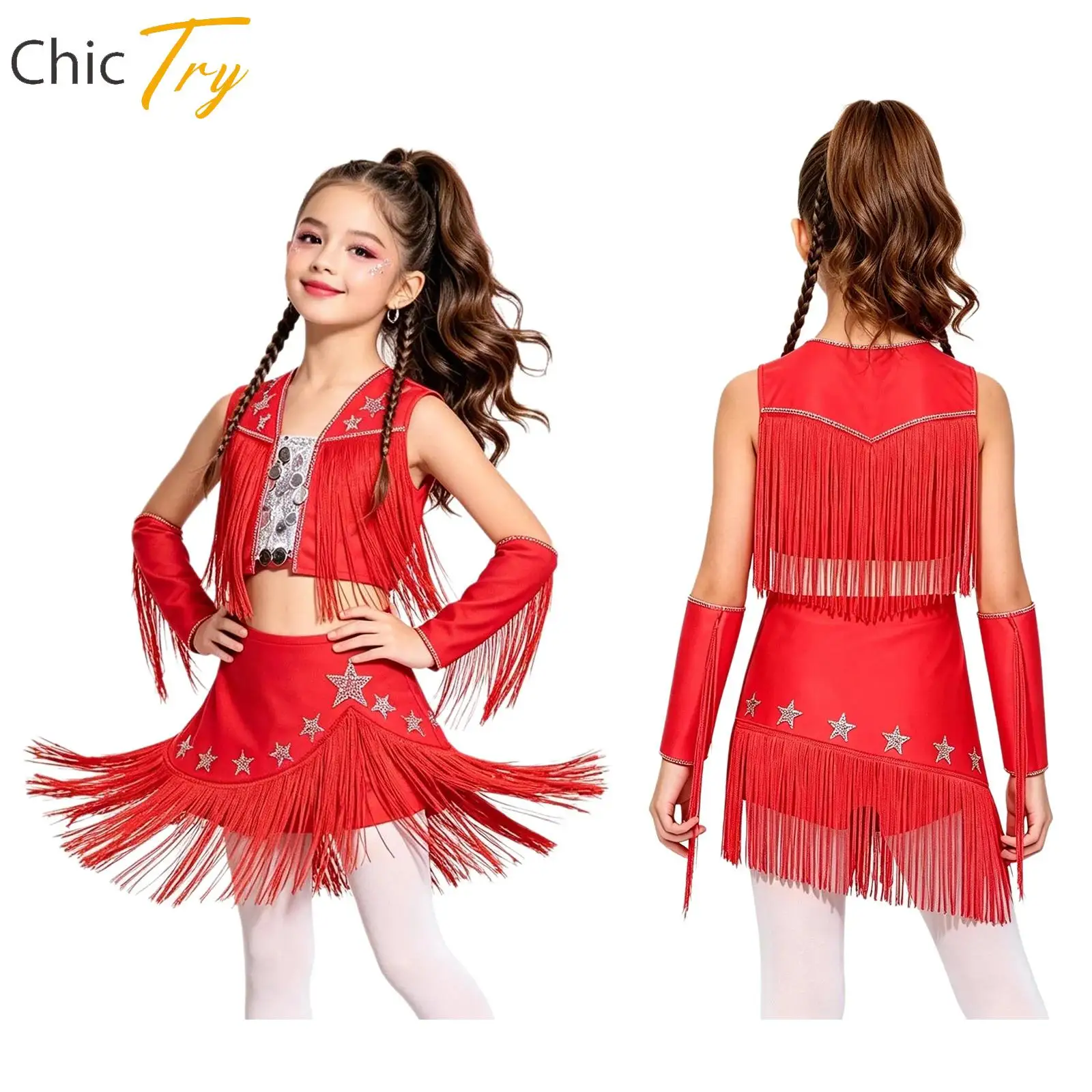 Kids Girls Cowgirls 70s Disco Jazz Dance Clothes Shiny Tassel Dancewear Children's Stage Performance Party Suits Streetwear