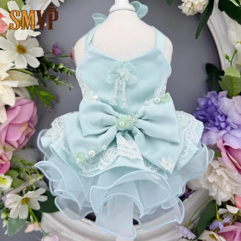 Floral Print Lace Halter Pet Princess Dress Pearl Bow Ruffled Mesh Hem Hollow Back Design for Dogs Cats Party Outfit Apparel