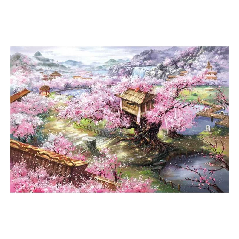 

Cross-stitch set: Oil painting landscape, Cherry Blossom Villa, 28ct, 18ct, 14ct, 11ct. Optional printed fabric hand-embroidery