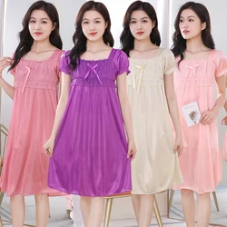 2024 Summer Silk Satin Short Sleeve Sexy Lace Nightgowns for Women Korean Cute Bow Sleepwear Nightdress Night Dress Home Nighty