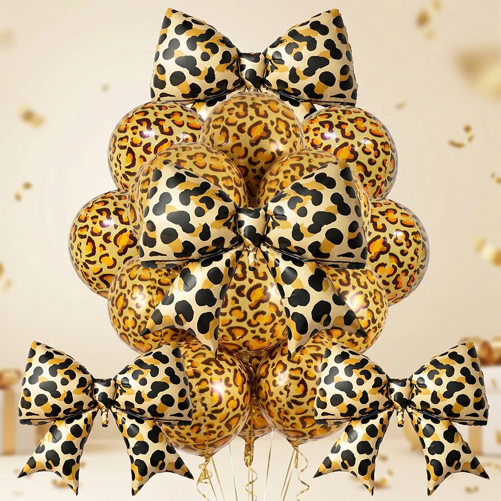 Leopard Bow Foil Balloon 4D Round Cheetah Print Mylar Balloon Wild One Safari Party Decoration Bachelorette Baby Shower Supplies