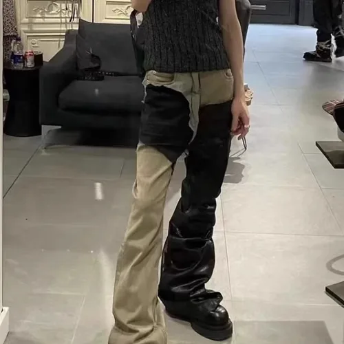 다크 뱅가드 디스트레스드 스톤 워시 바지, 패치워크 코팅 왁스 바지, 와이드 레그 마이크로 플레어, 하이 스트리트 니치 스택 청바지 