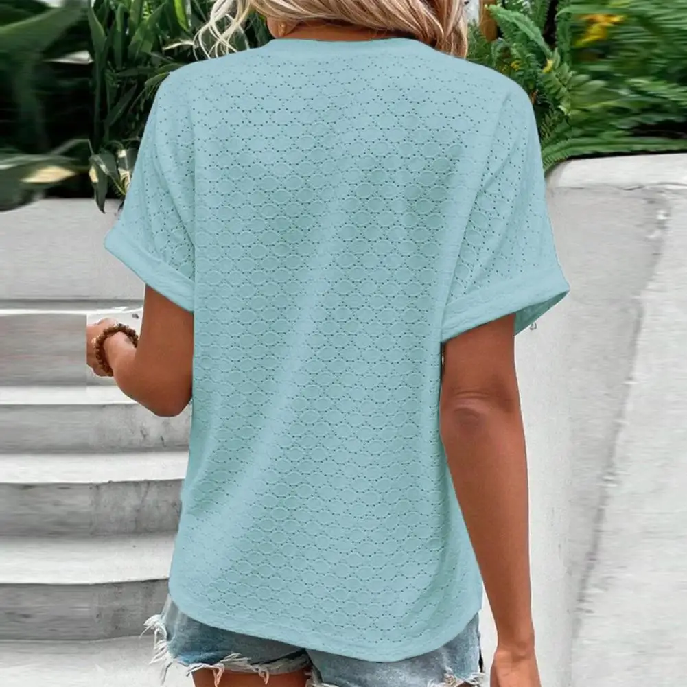 Breathable Women\'s V-neck Summer Tops Soft Pullover with Hollow Out Design Loose Fit  Button Decor Stylish Female Clothing