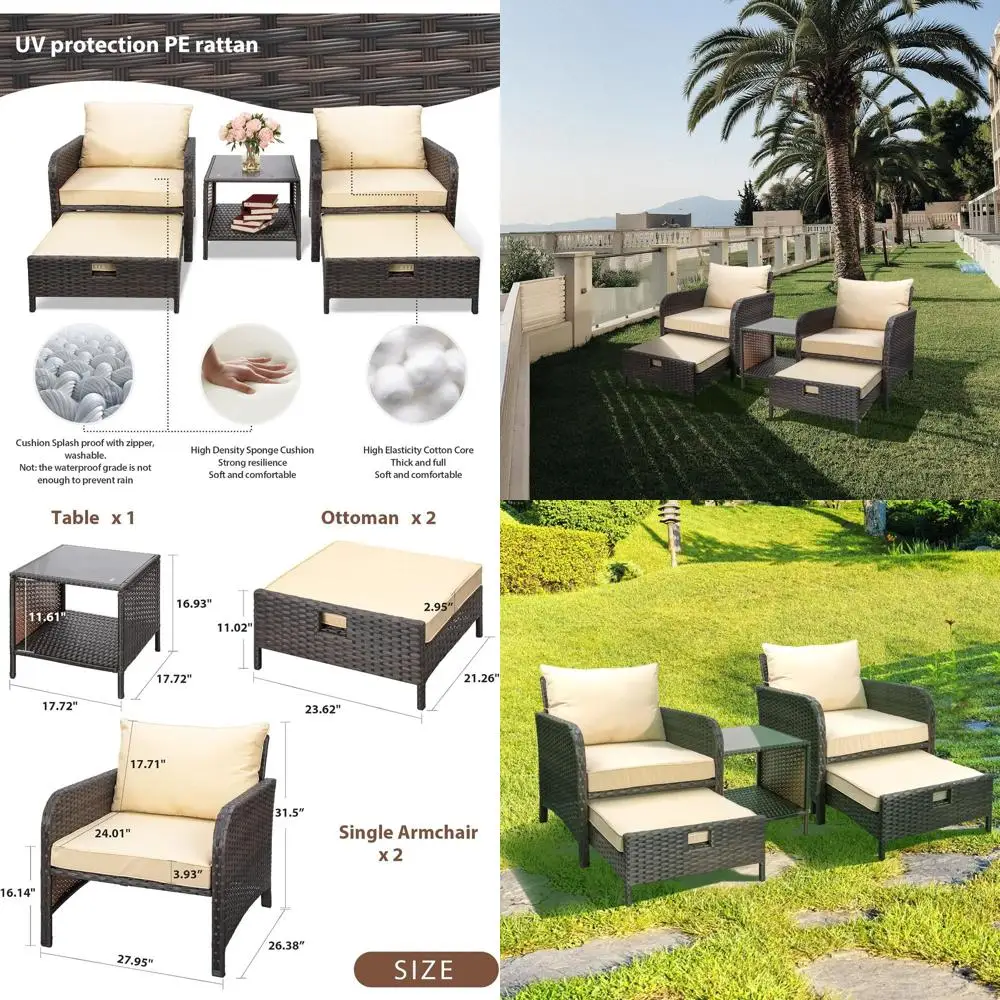 

Комплект садовой мебели из 5 предметов: плетеные кресла, пуфы и стеклянный стол из ротанга (коричневый)