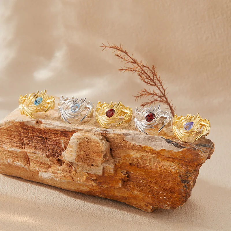 

Natural Tanzanite Topaz Garnet Colorful Gemstone Ring for Womens925Sterling Silver Feather Open Ring