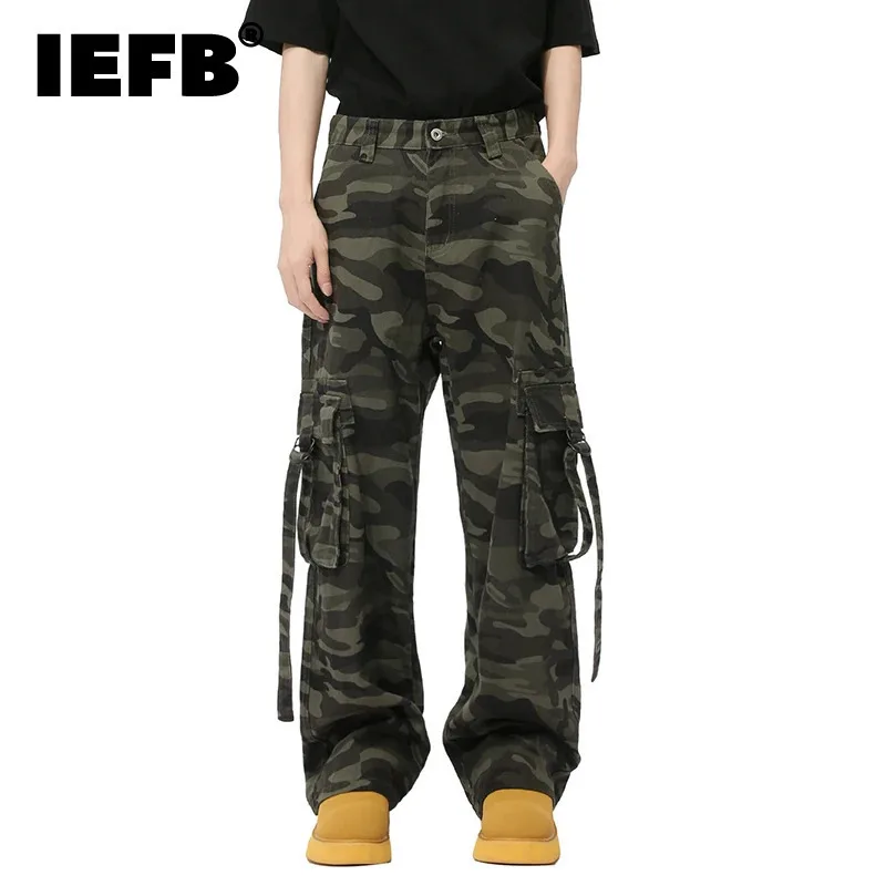 IEFB New Autumn Men's Jeans Casual Camouflage Ribbon Big Pockets Loose Straight Bottom Wide Leg Male Denim Pants Autumn  9C7384