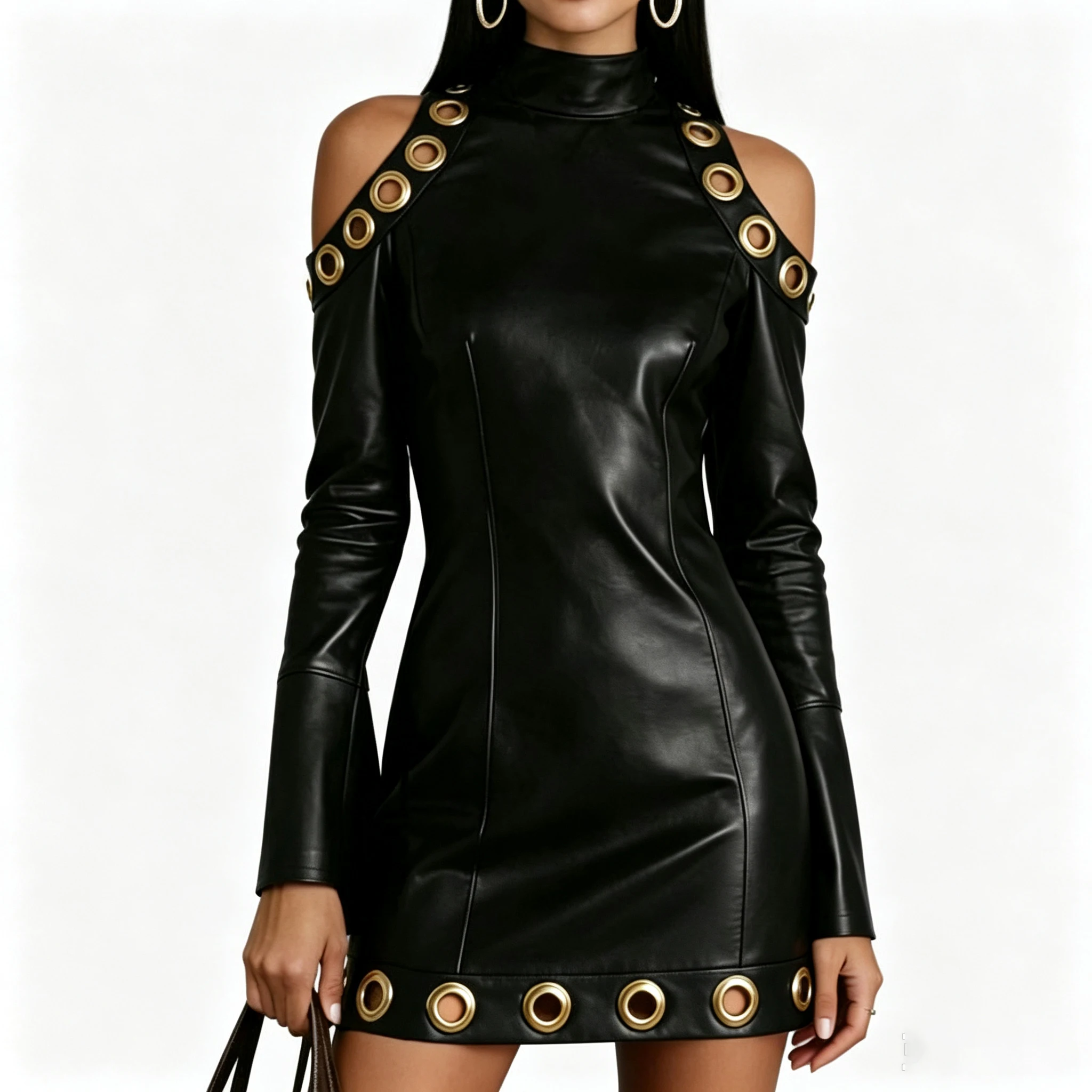 Women Faux Leather Mini Dress Cold Shoulder Gold Eyelet Decor Long Sleeve High Neck Bodycon Club Party Nightout Short Dresses