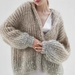 High-end sequins cardigans knitted hooded sweaters handmade women early spring gradient color matching loose long-sleeved coats