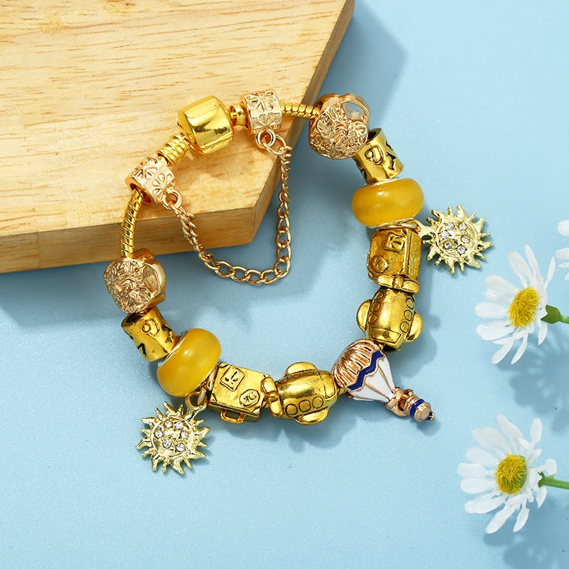DIY Gold Color Charm Bracelet With Sun Beads Pendant Bracelets Bangles For Women Mom Mother's Day Jewelry Gift Dropshipping