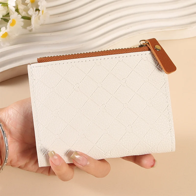 Women Short Bifold Wallet Rhombus Embossed PVC Card Purse Zipper Coin Pocket Slim Mini Purse For Girls Students