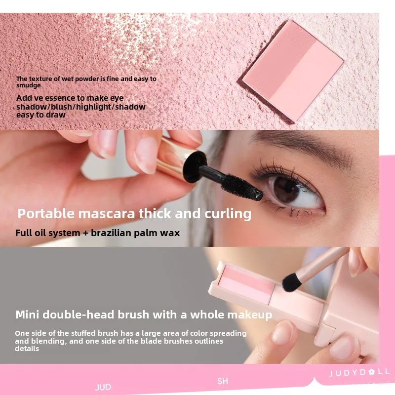 Judydoll Cipria Paleta Iluminador Bronzer Contorno Evidenziatore a lunga durata Tavolozza Masscara Set per trucco Blush con pennello