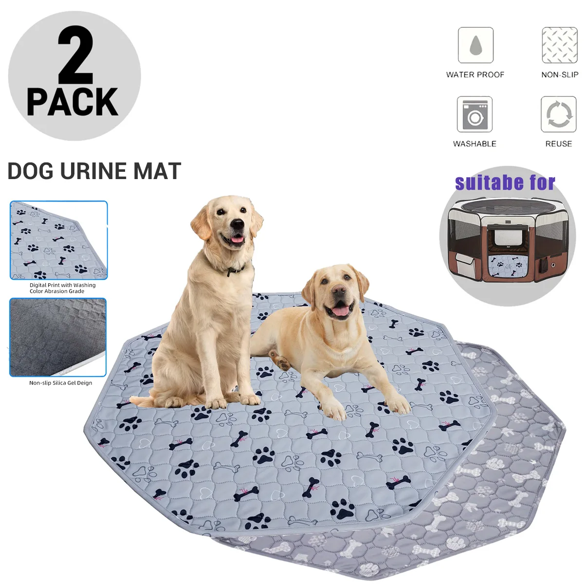 2PCS Washable Dog Pee Pad Blanket Reusable Pet Cat Dog Sleep Play Bed Mat Large Size Anti Slip Training Pads Octagonal Cage Mats