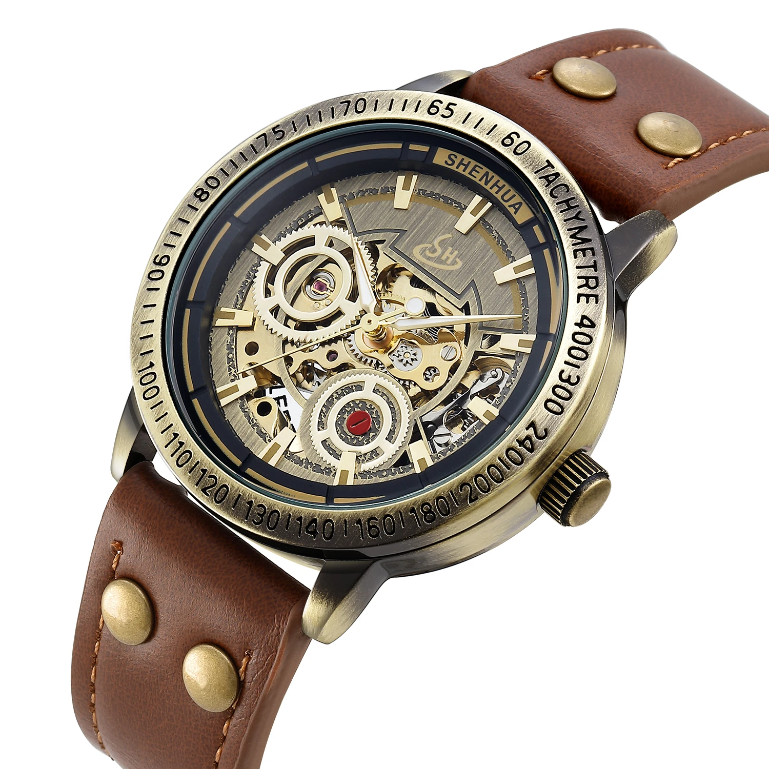SHENHUA 9259C Unique watch hands men mechanical hollow out leisure Retro Bronze Skeleton automatic mechanical Wristwatchesatch
