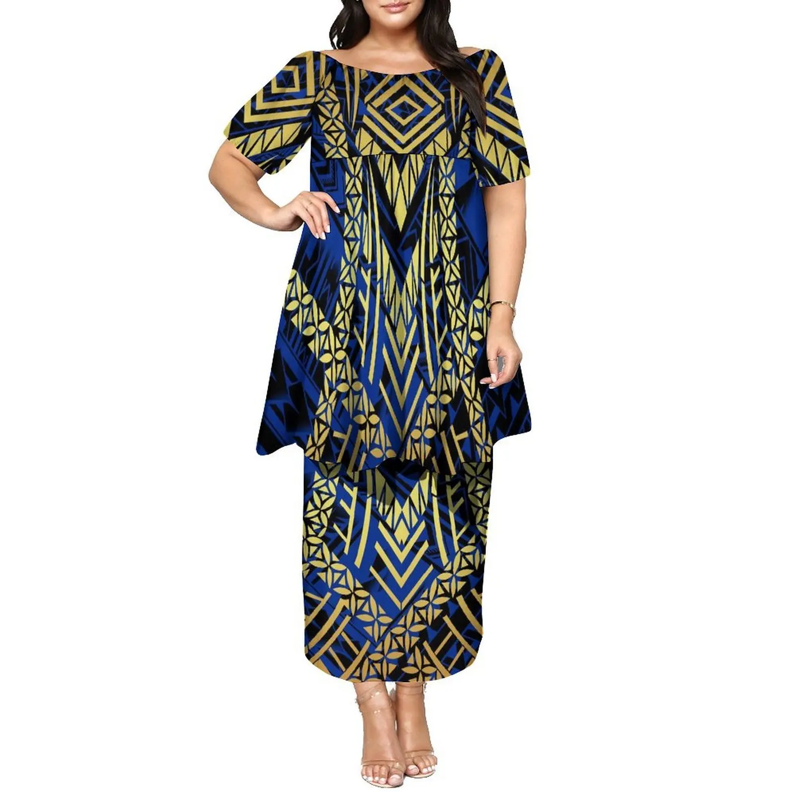 Vestido feminino de camada dupla Puletasi de verão sem impostos com mangas borboleta, gola redonda e manga média, vestido personalizado polinésio