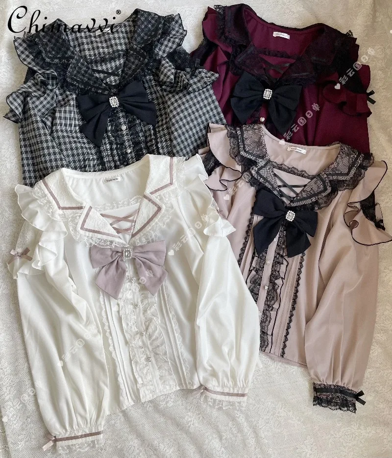 

Осенняя новая рубашка в японском стиле массового производства с матросским воротником, кружевная рубашка с открытыми плечами и бантом, рубашка с длинными рукавами, милая блузка в стиле Лолиты для девочек, топ
