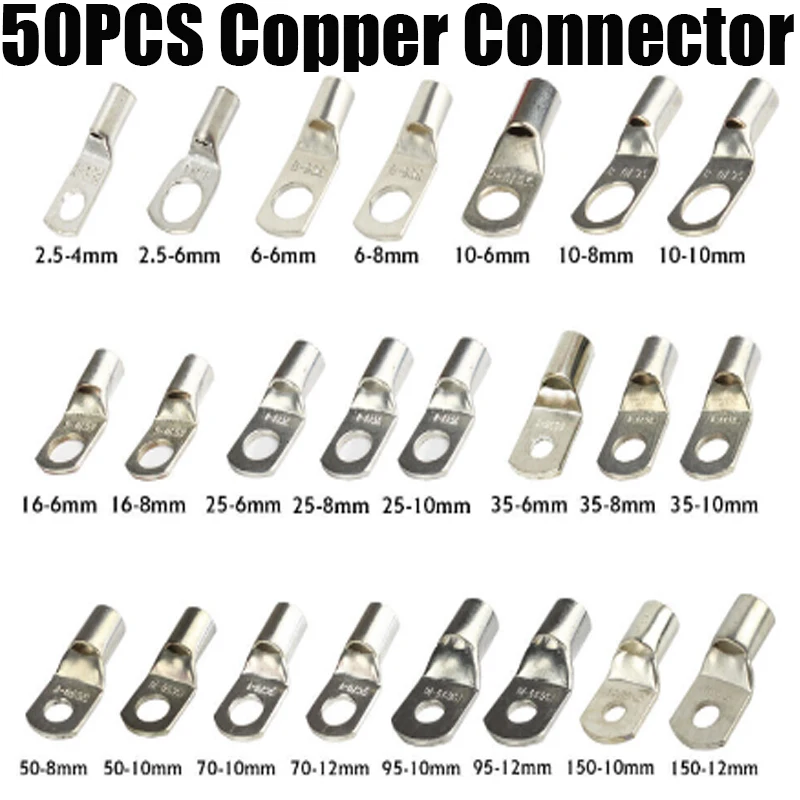 

50PCS Battery Copper Crimp Terminals Cable Lug Eyelet Wire Ring Connector 6MM² - 95MM² Wire Connector Terminals Terminator