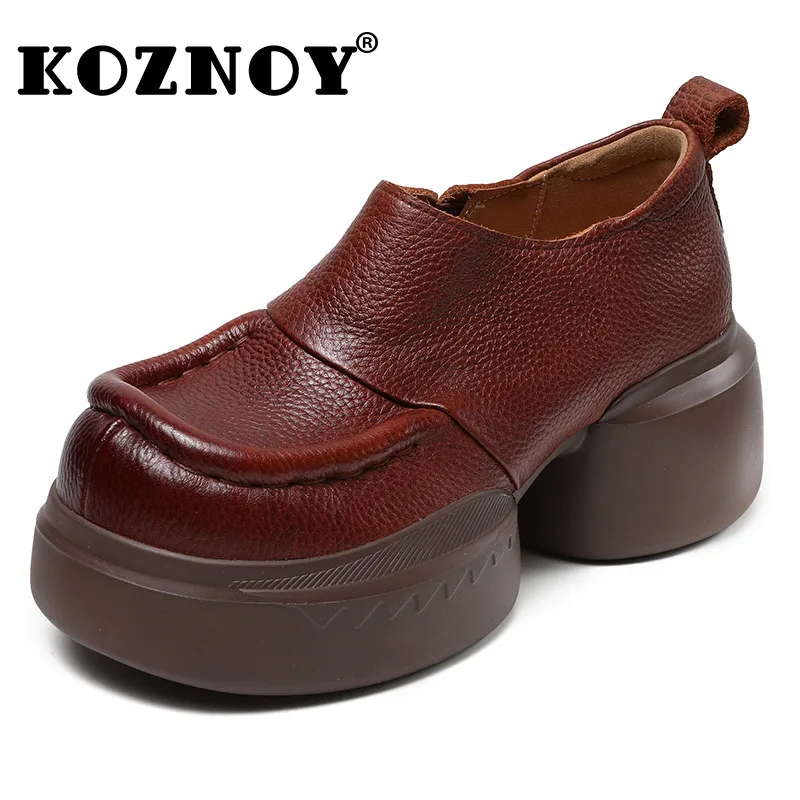 

Koznoy 6cm New Ethnic Platform Wedge Round Spring Mary Jane Autumn Shoes Women Cow Genuine Leather Slip on Ladies Fashion