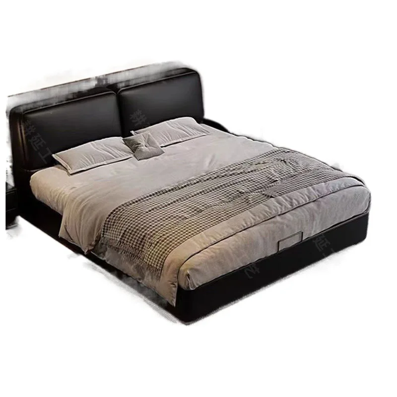 

Big bed high-end big black cow Italian minimalist tofu block soft bag bed