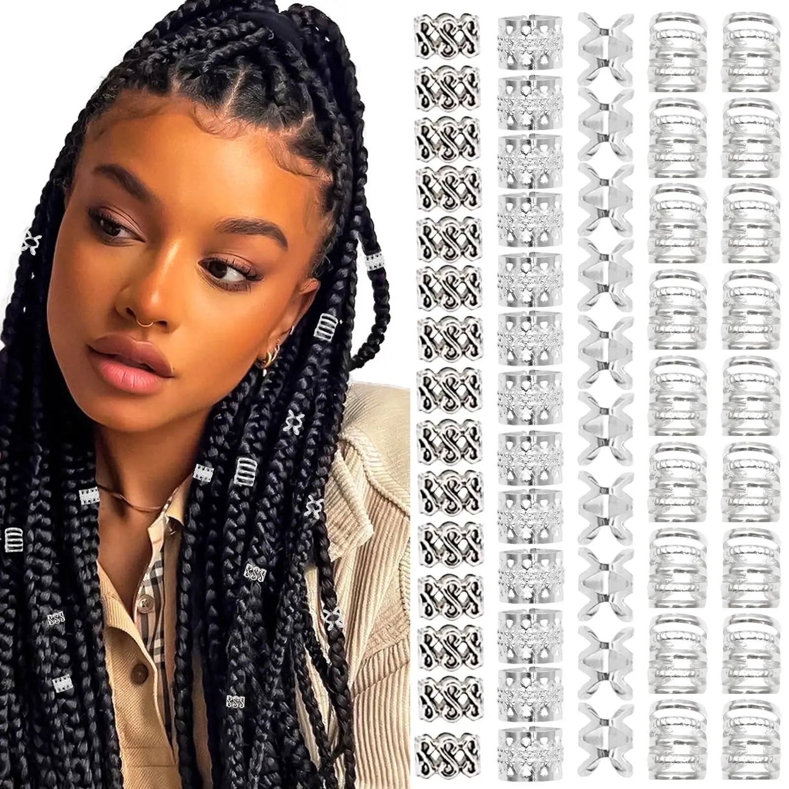 80 Pieces Metal Alloy Hair Braid Jewelry Set Gold Silver Tone Ear Cuffs Adjustable Cuffs Hair Ties Braid Clips