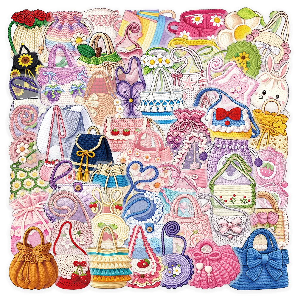 50/100PCS Spring Knitted Bag Stickers Creative Colorful PET Transparent Cute Cartoon Stationery Helmet Room Decoration Stickers