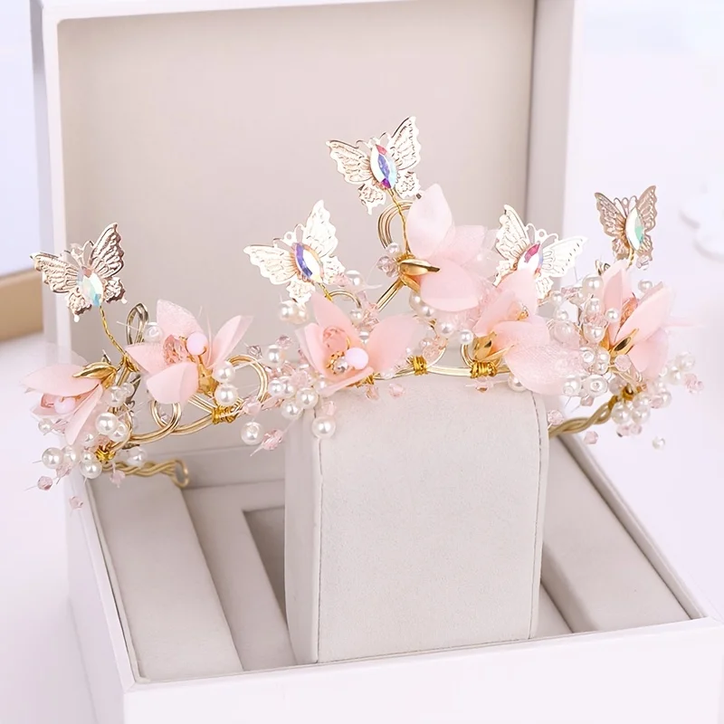 Gold Color Crystal Pearl Butterfly Crown Tiara For Women Bride Headband Bridal Wedding Hair Accessories Jewelry Band Crown Tiara