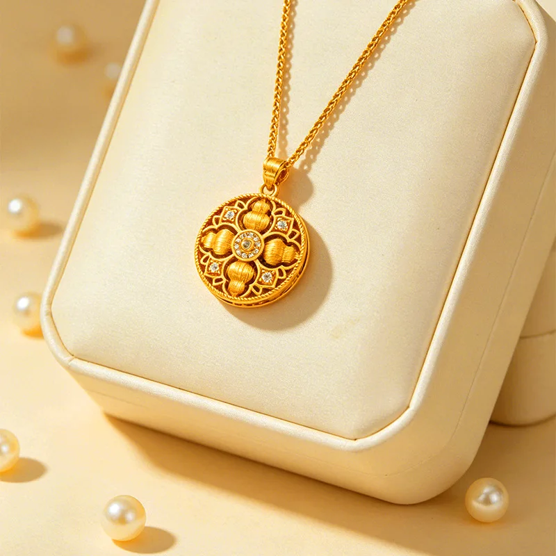 Luxury 24K 9999 Pure Gold real gold Women's Brushed Gourd Pendant Compasses Necklace