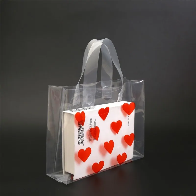 50pcs Thick Large Plastic Bags Transparent Red Love Heart Gift Bag Clothing Store Packaging Bags With Handle Shopping Bag