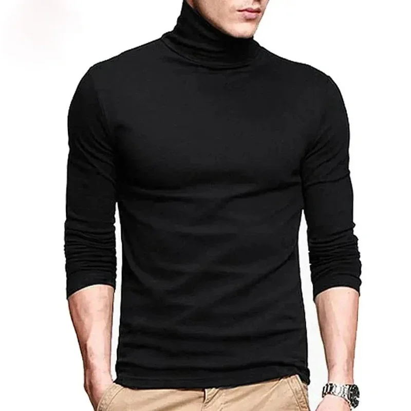 New Men Fashion T Shirt Tees Slim Tops Male Stretch T-shirt Turtleneck Long Sleeve Tee Shirts High Collar Men's Tees