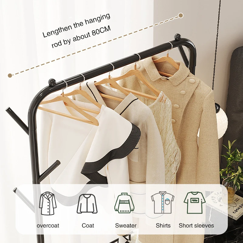 Iron Stand Floor Clothes Rack Bedroom Clothes Handger Removable Clothes Storage Shelf with Storage Basket Corner Coat Rack