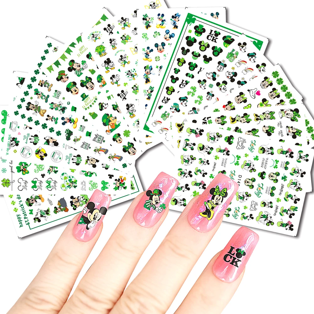 12Pcs/Set Disney Minnie Cartoon Nail Art Stickers Green Mickey Shamrock Kids Anime Nail Decals Kawaii Girls Manicure Sliders Dis