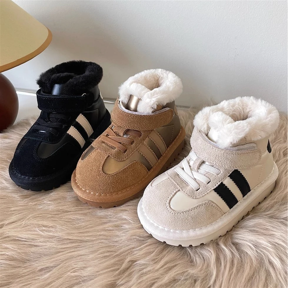 

Winter Childrens Boy Plush Warm Sneakers Snow Boots Fashion Design Fur-Lined Thick Toddlers Cotton Shoes Baby Girls Sports Shoes
