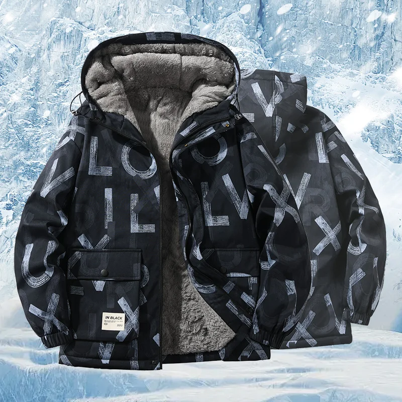 2024 Autumn/Winter Fashion Printed and Fleece Thick Warm Hooded Jacket For Men Casual Loose Plus Size Cotton-Padded Jacket M-4XL
