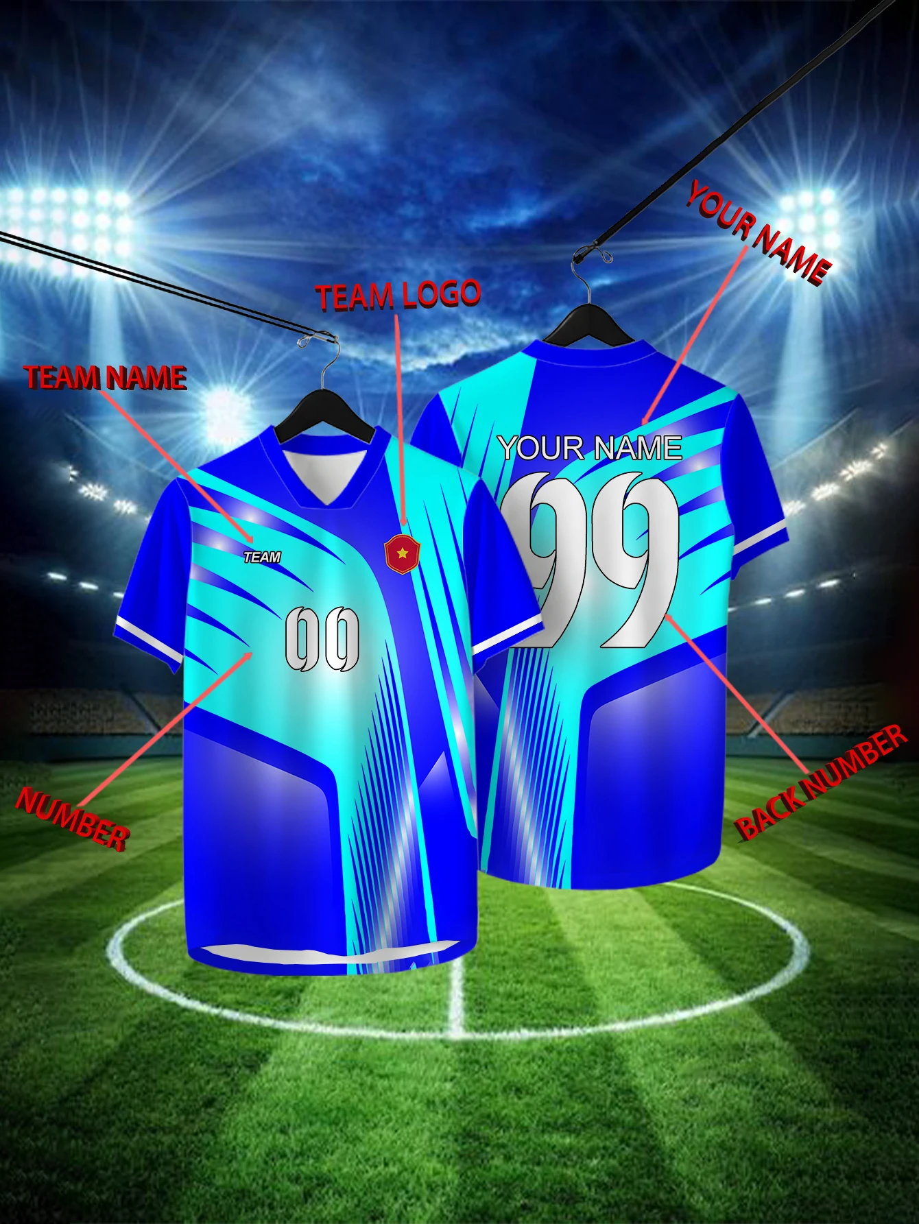 

Customized Geometric Blue Short Sleeved Shirt with Team Name, Emblem, Name and Number, Outdoor Sports Short Sleeved T-shirt