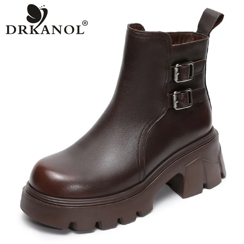 DRKANOL Genuine Cow Leather Ankle Boots For Women 2026 Autumn Winter Thick High Heel Chunky Platform Zipper Handmade Retro Boots