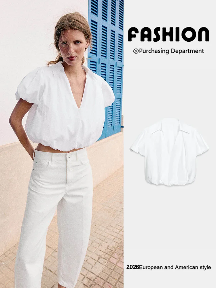

Summer New White Puffy Short Sleeve V-Neck Women's Shirt Versatile Flip Collar Casual Fashion European Style Ladies' Coat