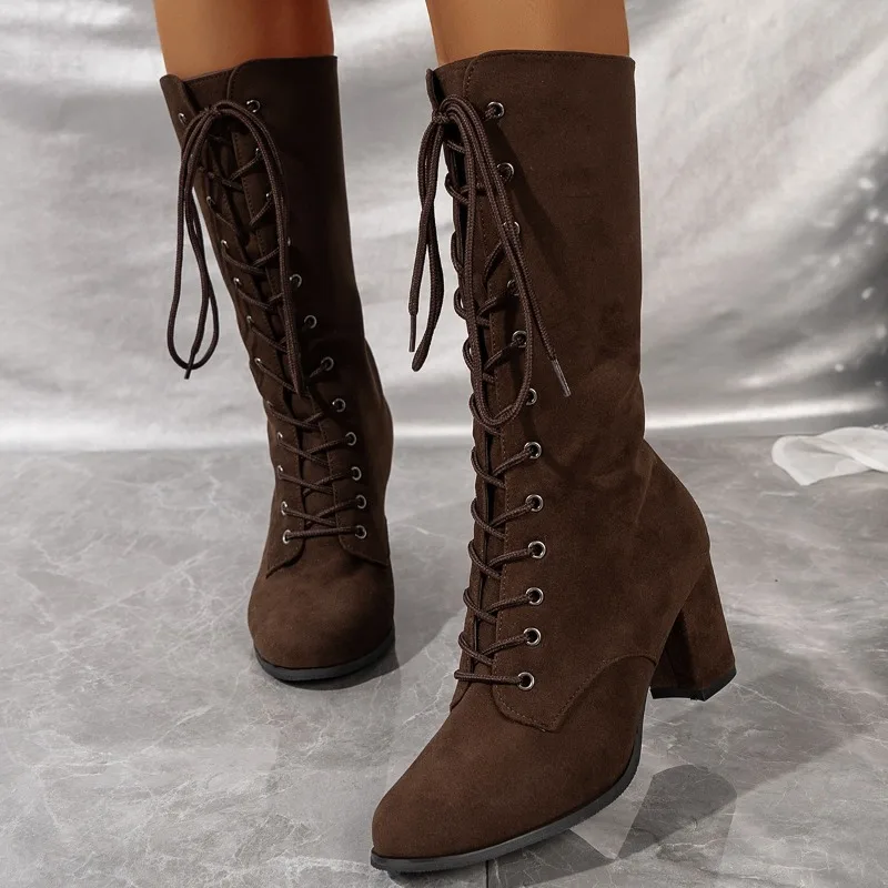 Women Fashion Boots New Coarse Heel Shoes Women's Round Head Front Cross Lacing Anti-slip Wear-resistant High Boots Trend Brand
