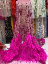 High -End Luxury Catwalk Feather Embroidery Handmade Beaded Lace Fabric African With Sequin Fabric For Wedding Dress