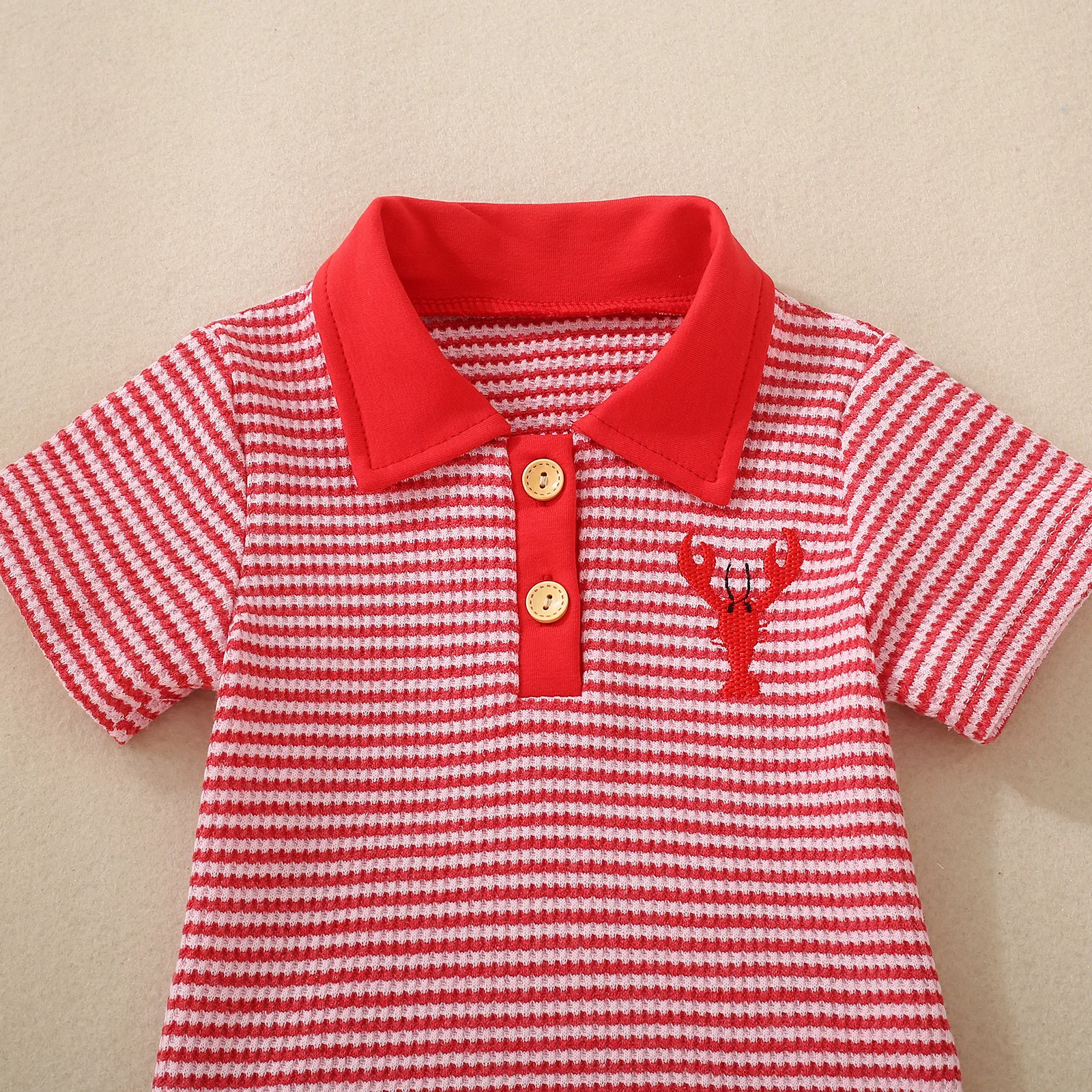 Baby Boy 2Pcs Summer Set, Striped Waffle Polo With Lobster Embroidery, Red Elastic Waist Pocket Shorts Casual Kids Summer Outfit