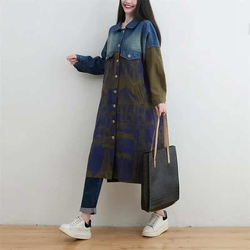 Jean Jacket for Women 2023 Spring Autumn Patchwork Printed Lapel Single Breasted Long Denim Trench Coat for Women Clothing Tops