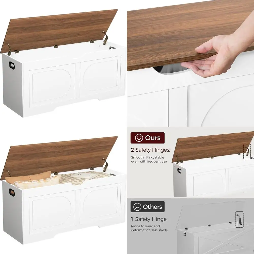 

Engineered Wood Storage Cabinet with 2 Safety Hinges, Entryway Shoe Bench, Toy Box, Living Room Entrance Bench, White and Walnut