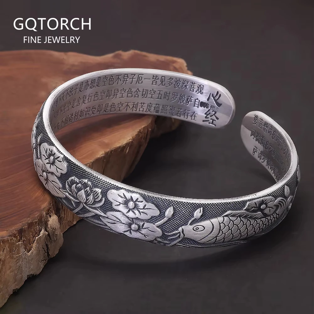

999 Pure Silver Fish & Lotus Open Cuff Bangle for Men and Women Heart Sutra Engraved Vintage Handmade Buddhist Jewelry